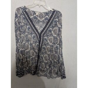Cato Womens Plus 22/24W Paisley Surplice Blouse Navy Blue Long Sleeve V-Neck Top